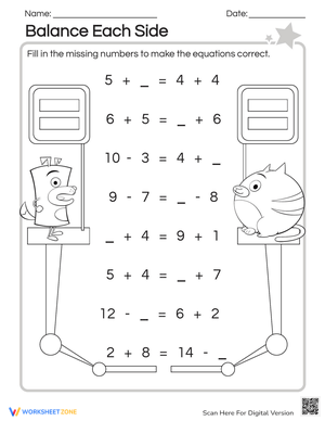 Balance Each Side: Math Balancing Act Worksheets