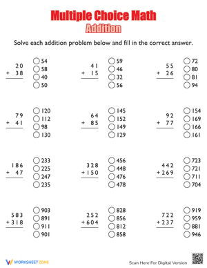 Multiple Choice Math Addition Practice Worksheets