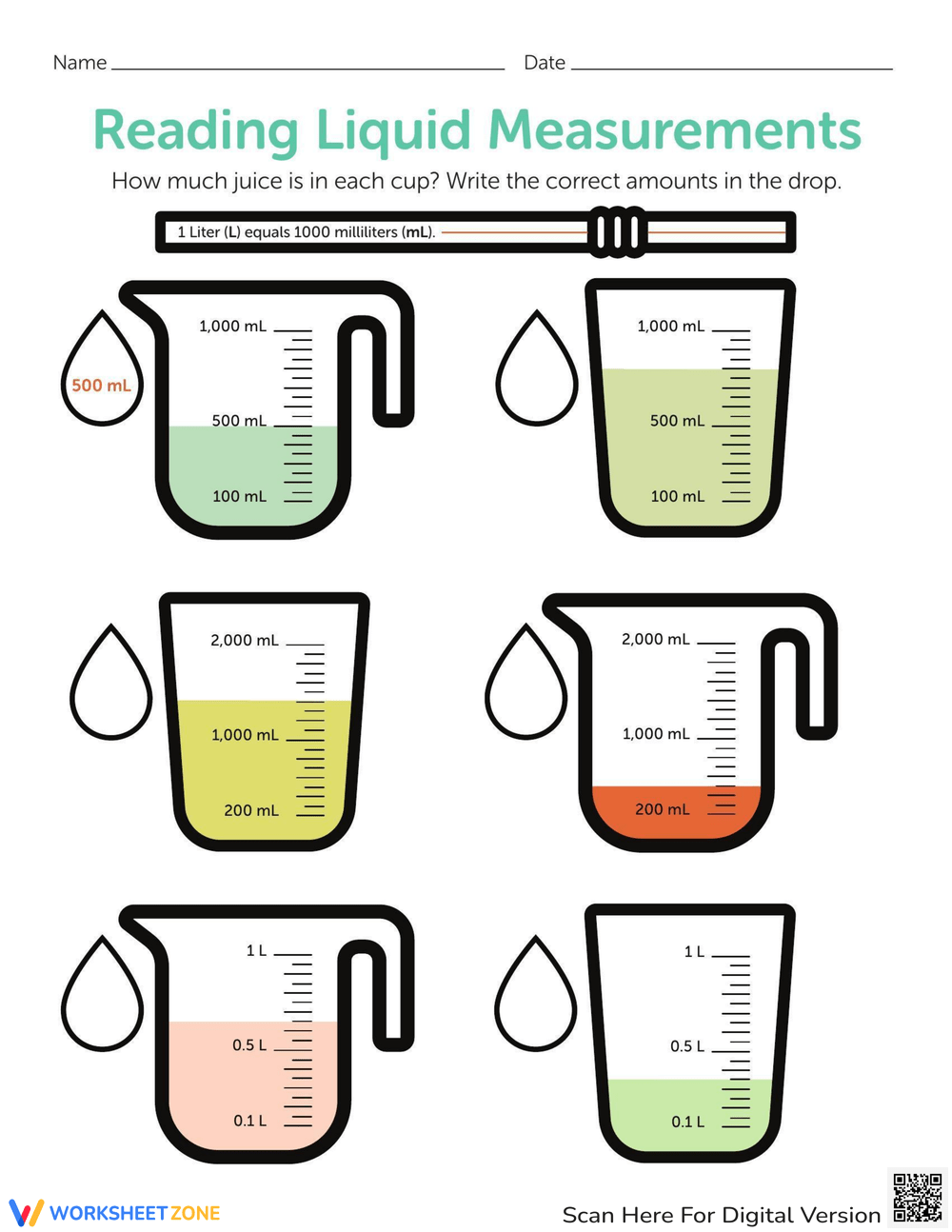 Reading measuring cups worksheets