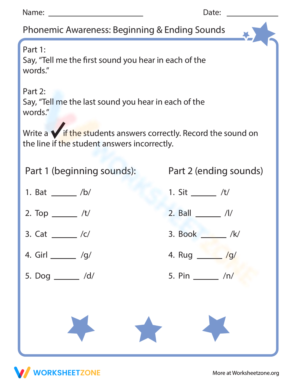 Phonemic Awareness: Beginning & Ending Sounds Worksheet