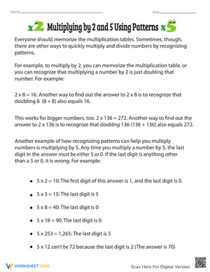 Multiply by 2 and 5 Using Patterns Worksheets