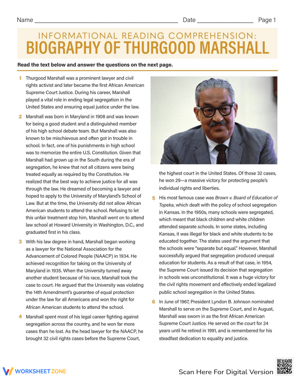 informational reading comprehension biography of thurgood marshall answer key