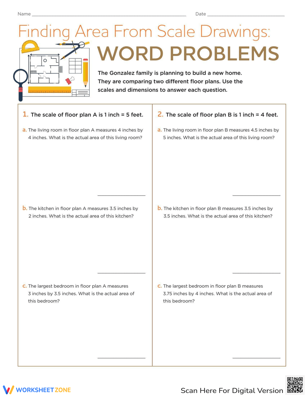 Finding Area From Scale Drawings Word Problems Worksheet