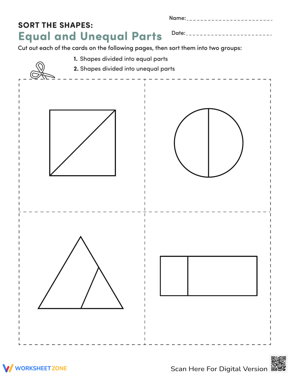 Sort The Shapes: Equal And Unequal Parts Worksheet