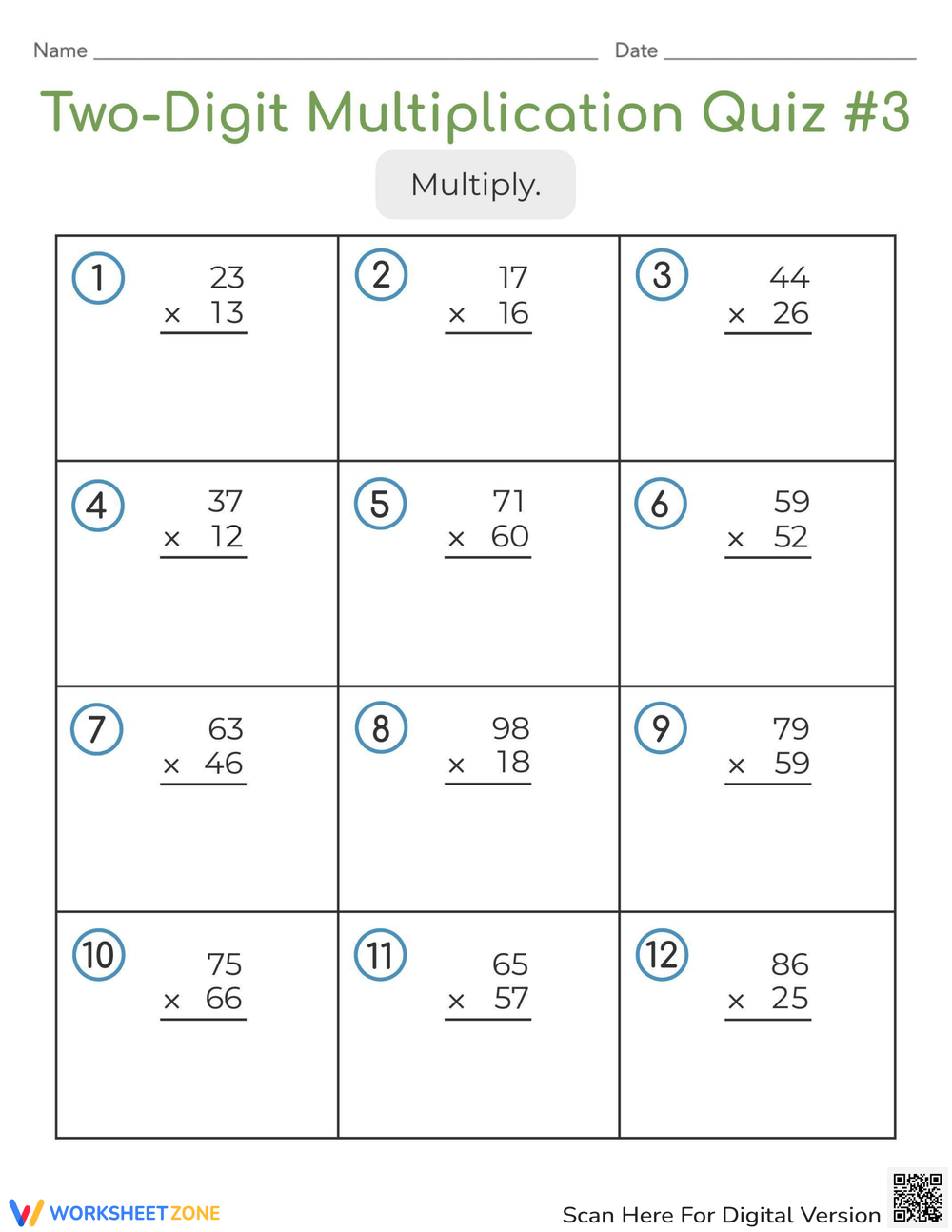 Two-Digit Multiplication Quiz #3 Worksheet