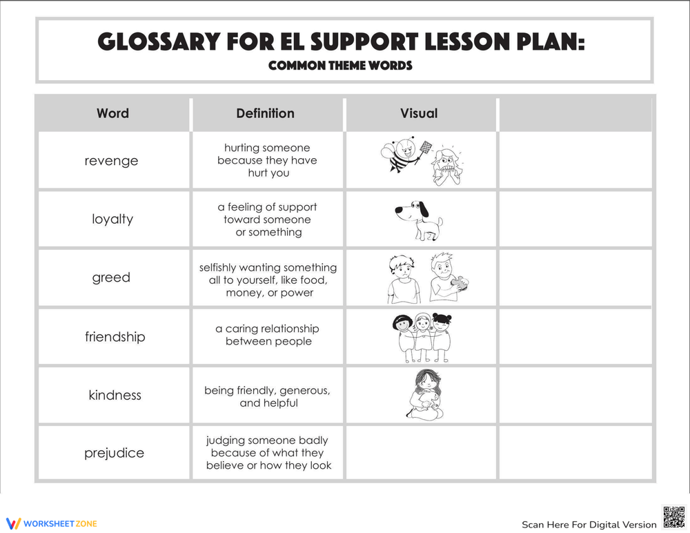 Glossary: Common Theme Words Worksheet