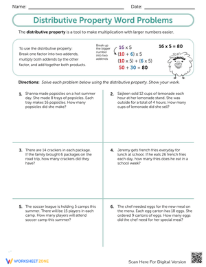 Distributive Property: Word Problems Worksheets
