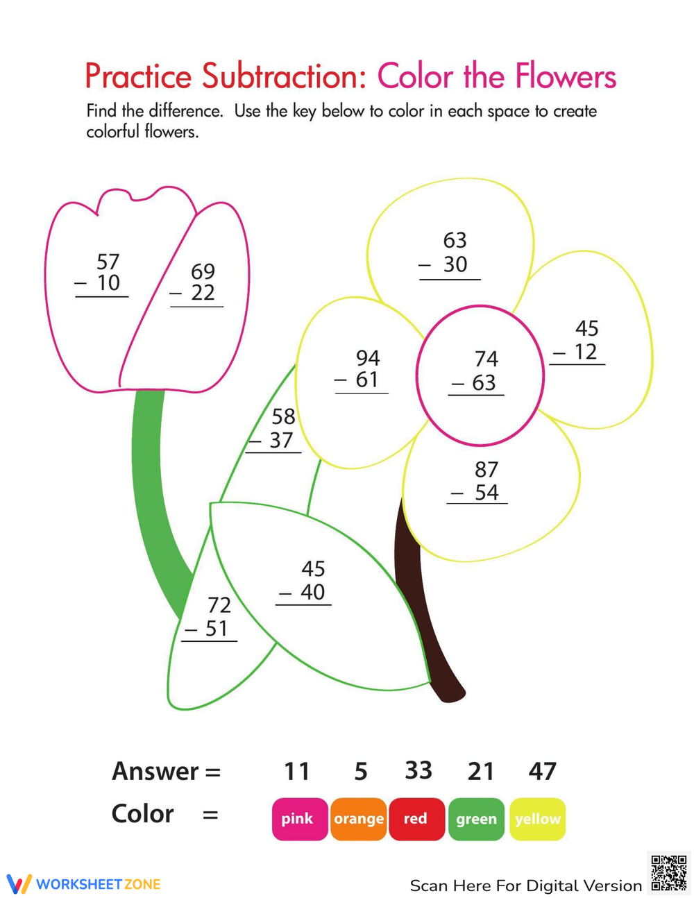 Color By Number: Practice Two-Digit Subtraction 8 Worksheet