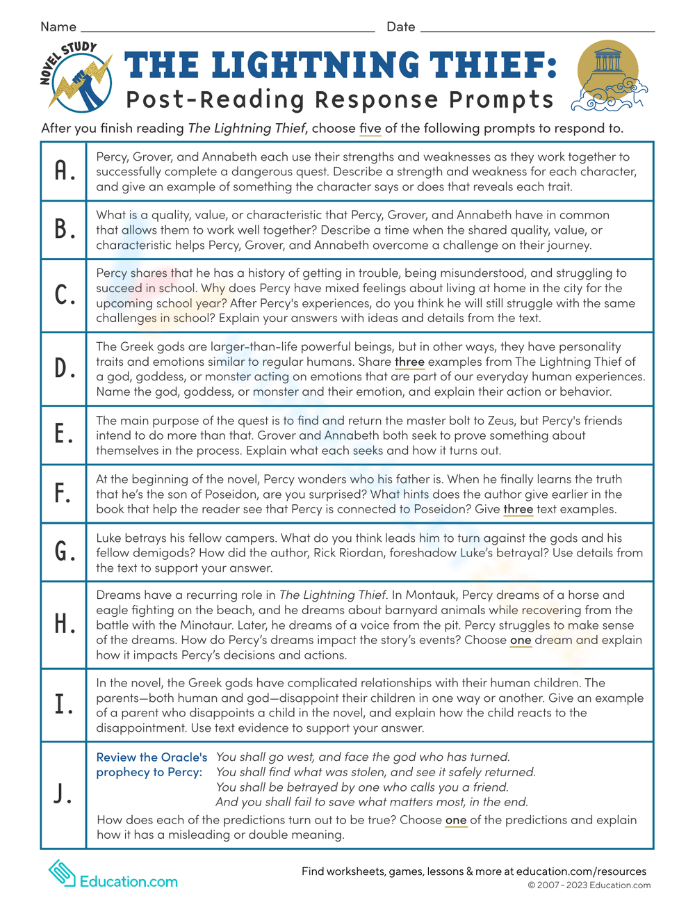 Novel Study The Lightning Thief Post Reading Response Prompts Worksheet