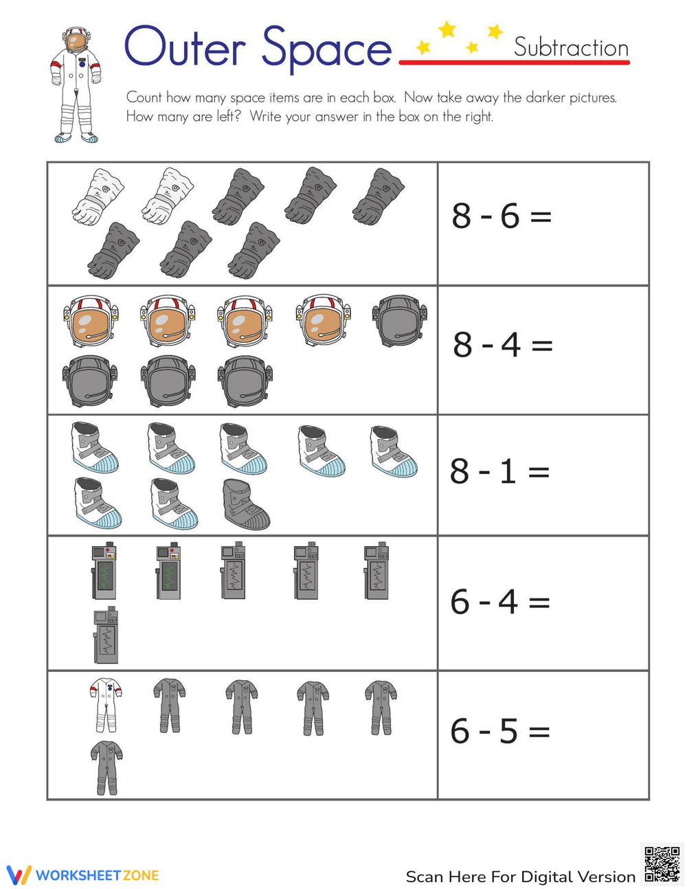 space subtraction worksheet