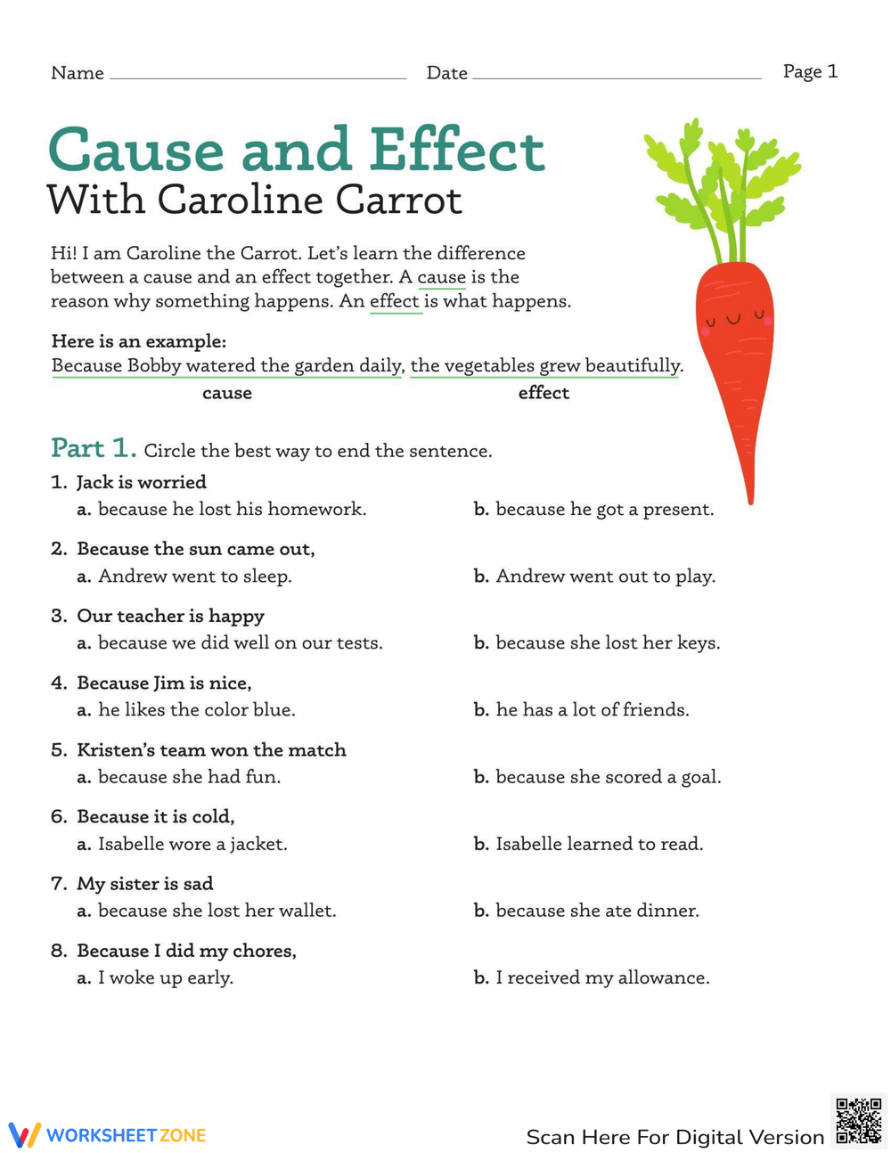 Cause And Effect With Caroline Carrot Worksheet