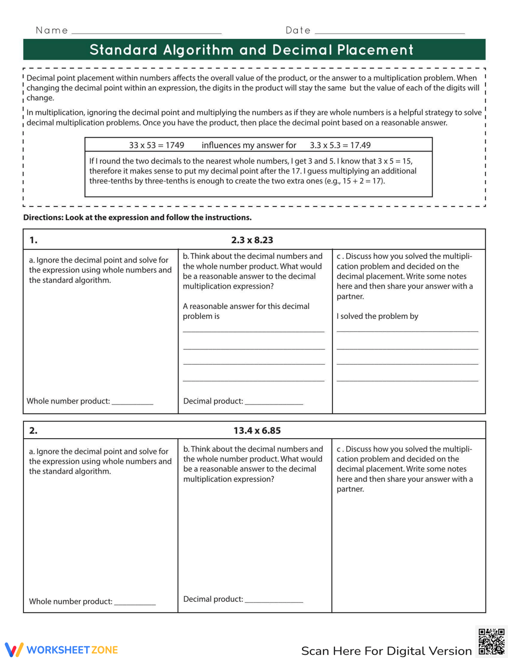 Standard Algorithm And Decimal Placement Worksheet
