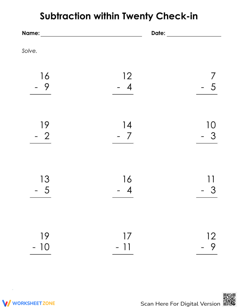 Subtraction Within 20 Check-in Worksheet