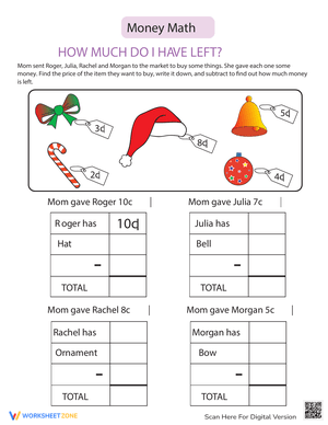 Money Math Problems: Cents Worksheets