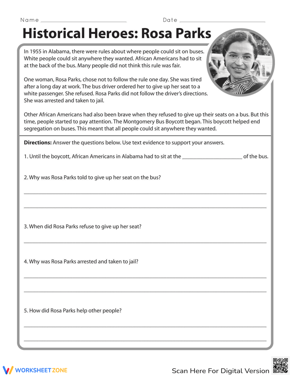 Rosa Parks Historical Heroes Worksheet