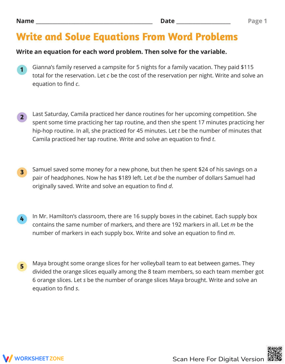 Write And Solve Equations From Word Problems Worksheet