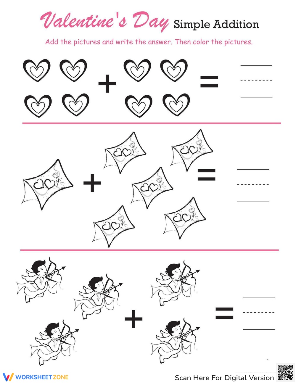 Count And Color Valentines Day Addition Worksheet