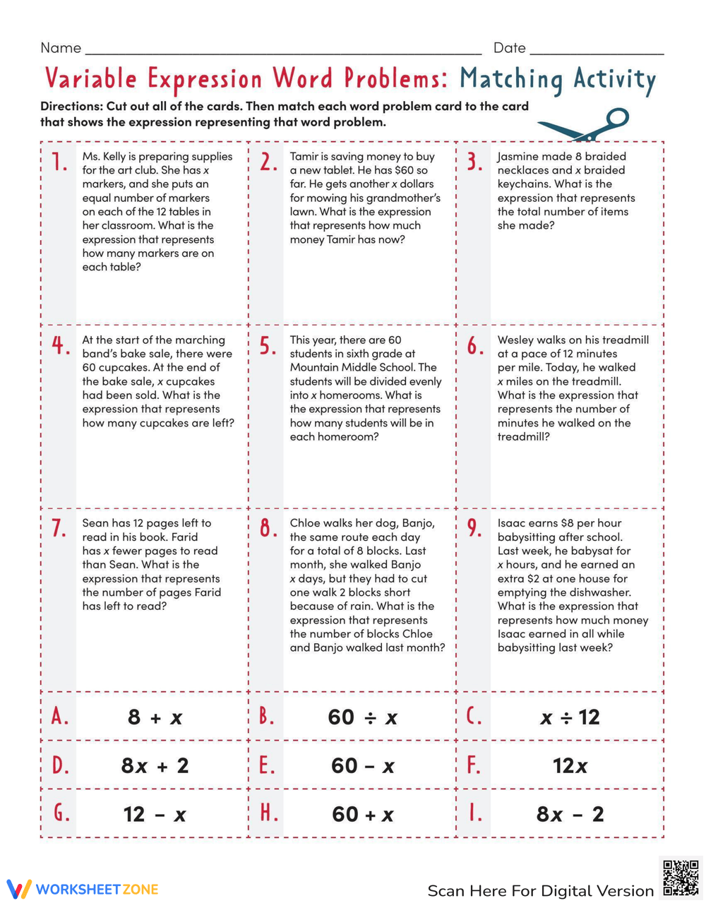Variable Expression Worksheets