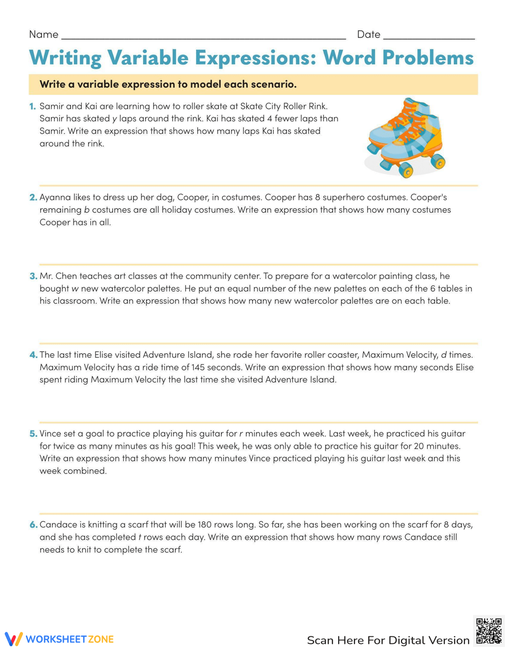 Writing Variable Expressions Word Problems Worksheet
