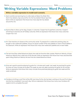 Writing Variable Expressions from Word Problems Worksheets