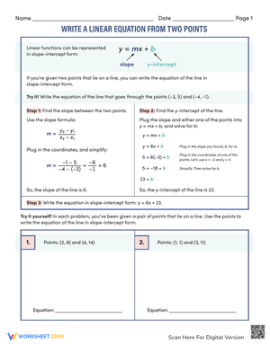 Write a Linear Equation: From Two Points Worksheets