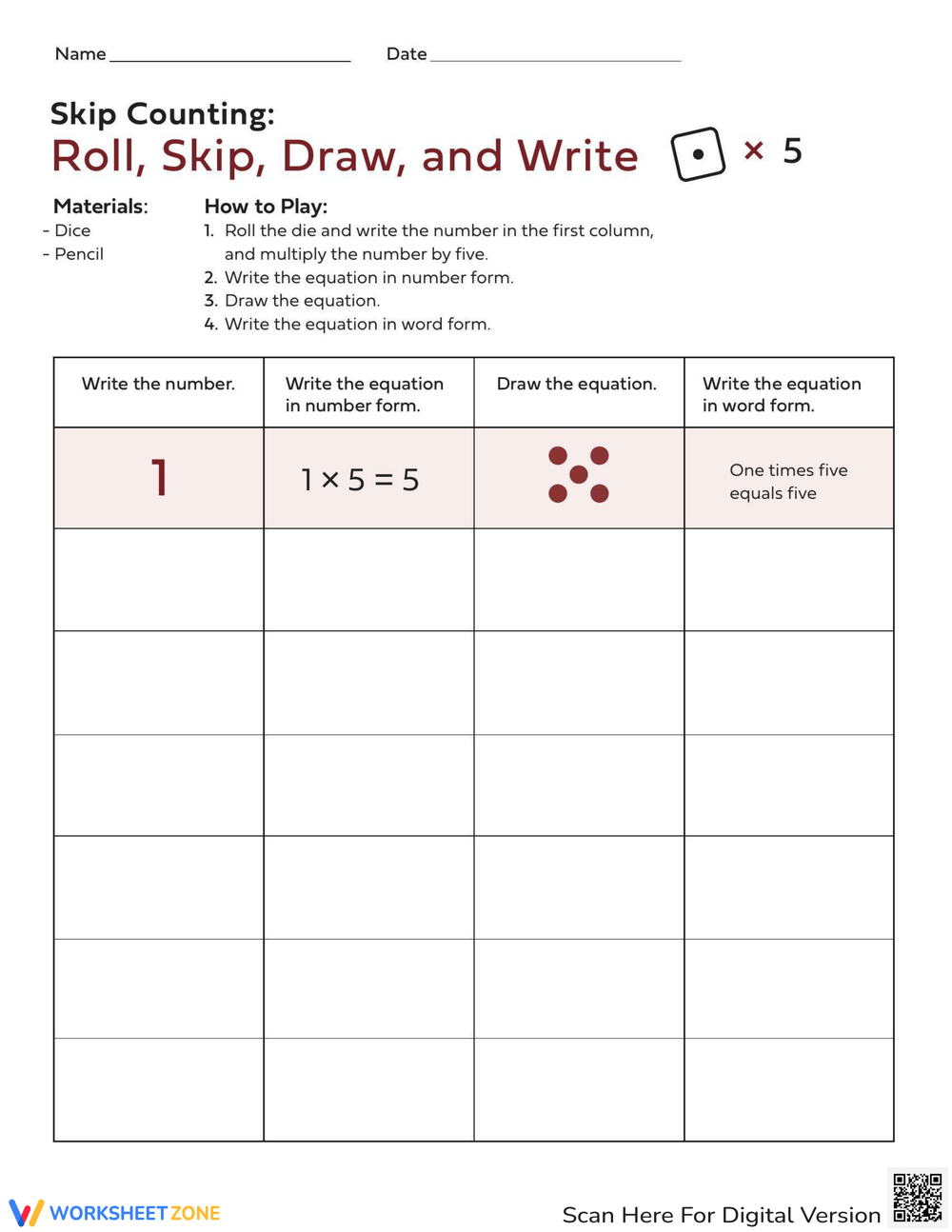 Skip Counting Roll, Skip, Draw, And Write Worksheet