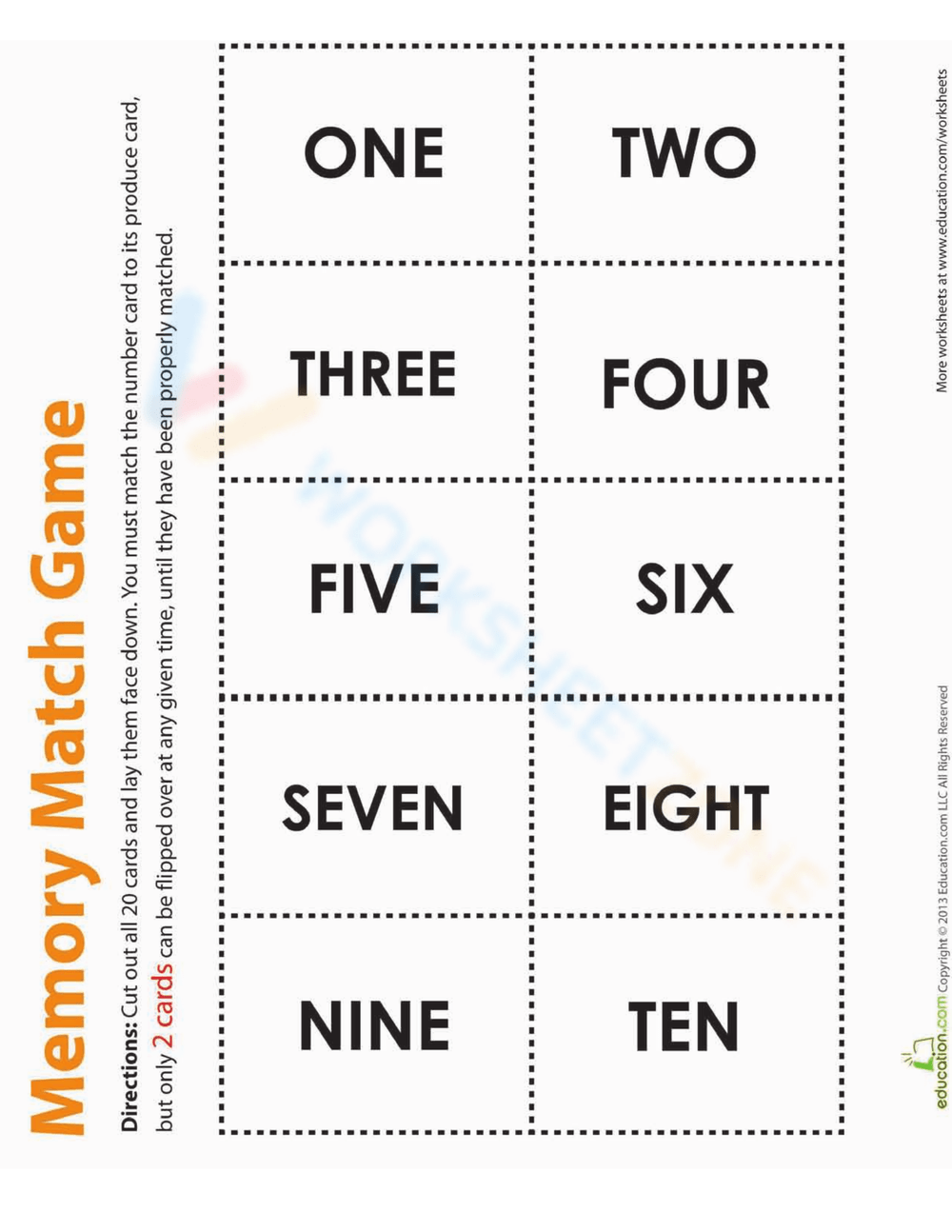 Numbers Memory Game Worksheet
