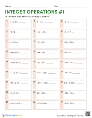 Integer Operations: Practice Math Worksheet