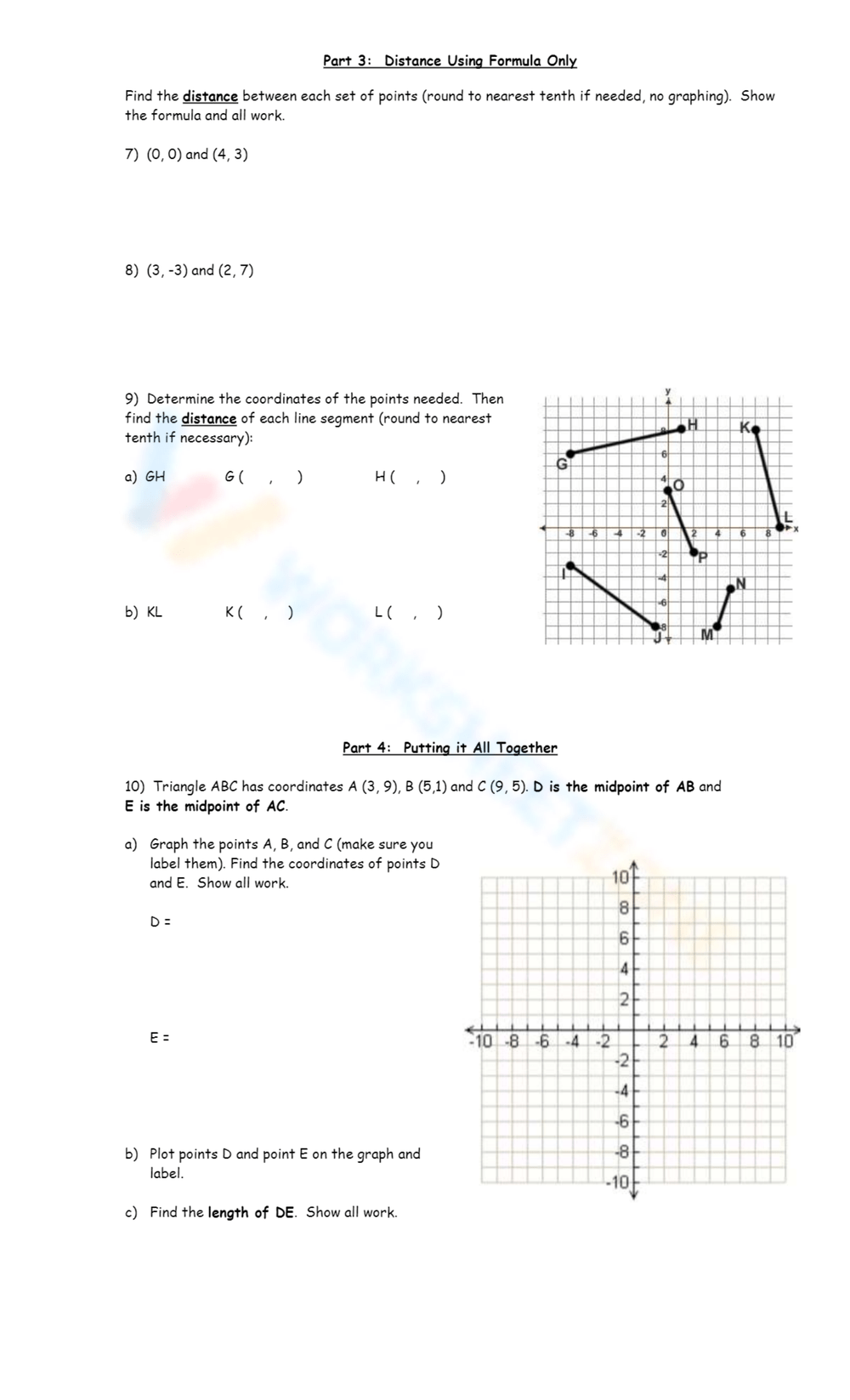 Midpoint and Distance Worksheet