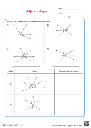 Printable Adjacent Angles Worksheet | Grade 7 Math
