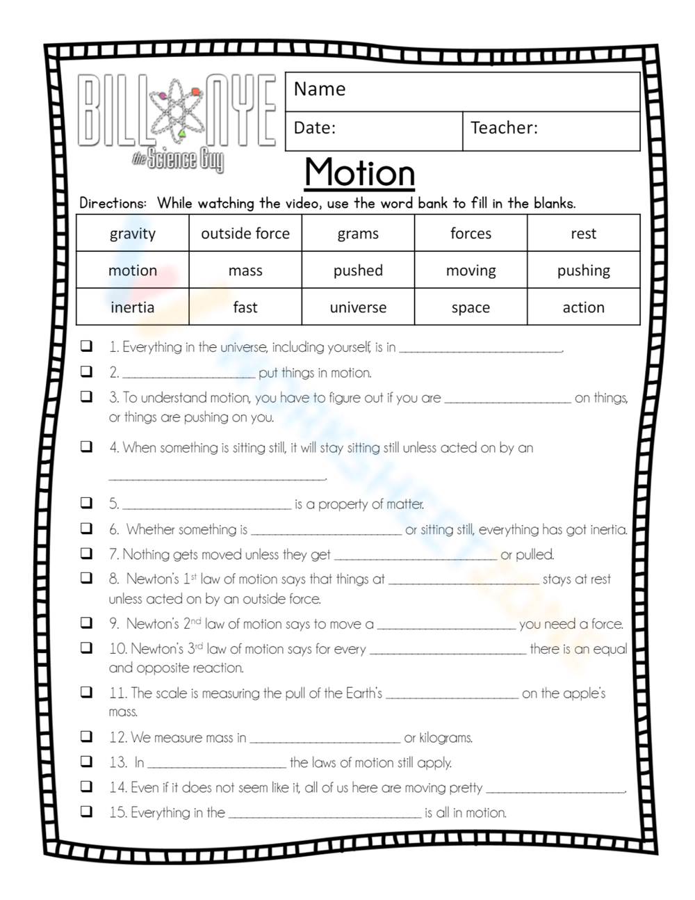 Free Printable Bill Nye Motion Worksheets for Students