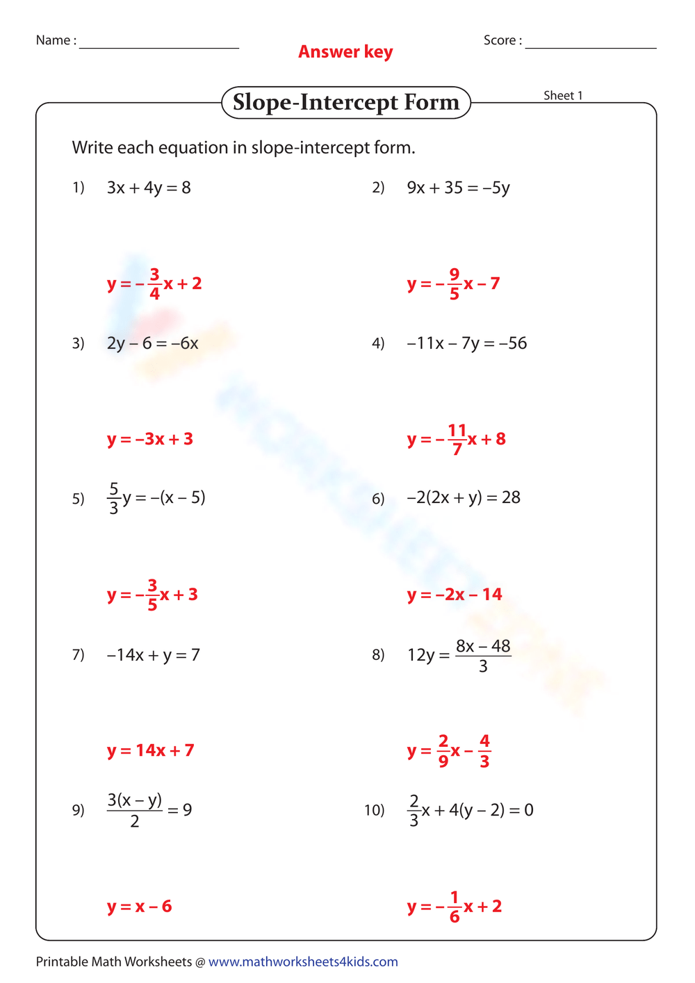 Free Answer Key Slope Intercept Form Worksheet Collection