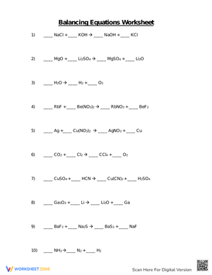 Balancing Chemical Equations Worksheets For Middle School Balancing