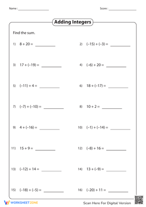 Adding Integers: Improve Math Skills Worksheets