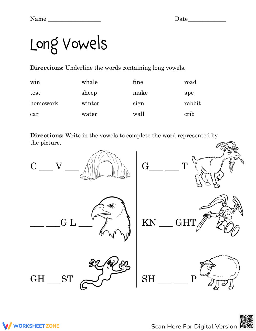 Short or Long Vowel Worksheet for 1st Grade (Free Printable)