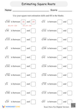Estimating Square Roots Practice Worksheets