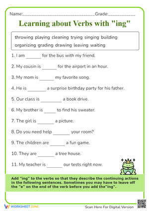 Practice Using Verbs with ING in Sentences Worksheets