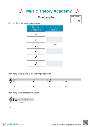 Note Lengths Worksheet | Essential Grade 6-9 Music