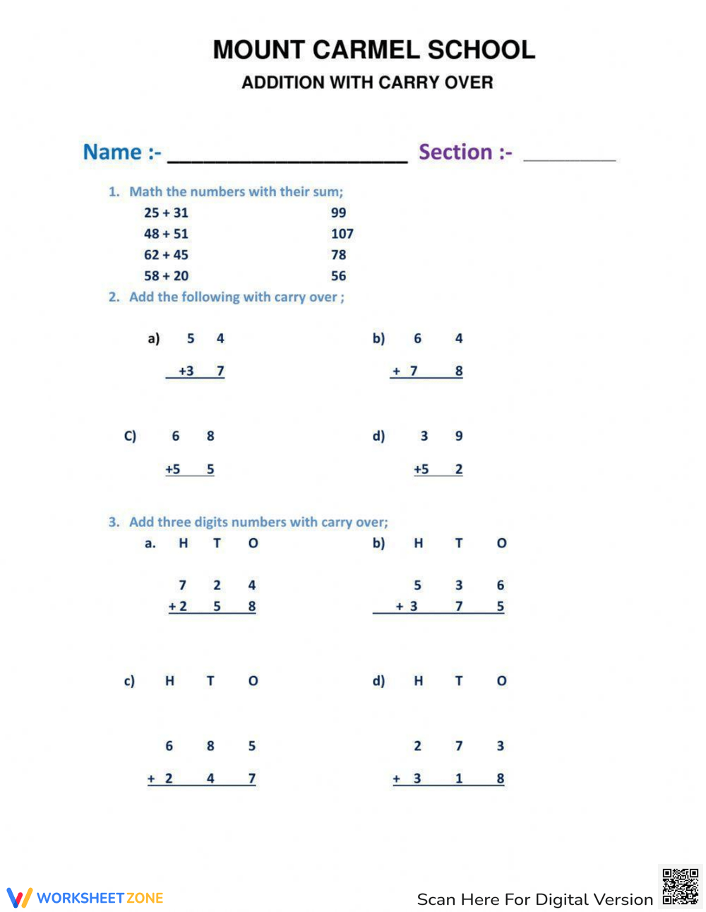 Addition With Carry Over Worksheet 4631