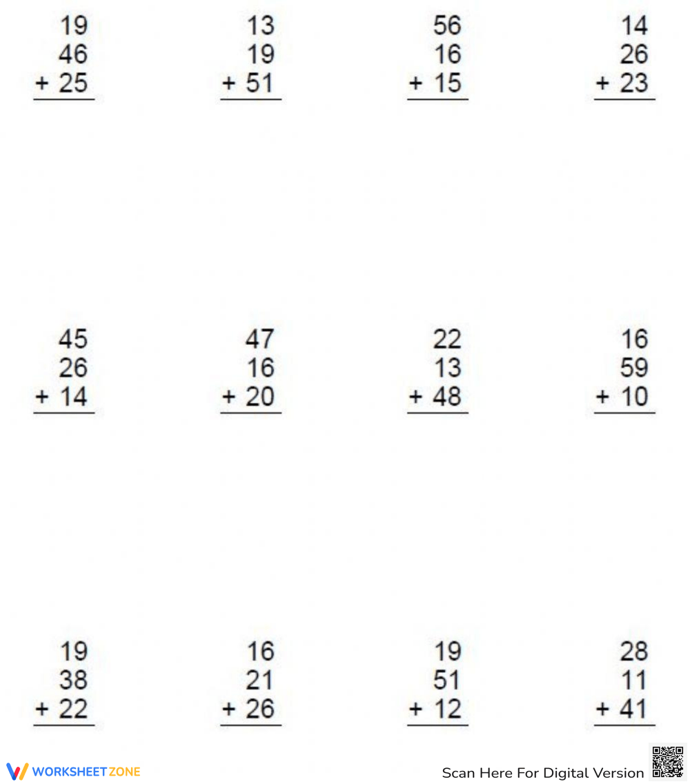 Adding vertical three 2 digit numbers worksheet