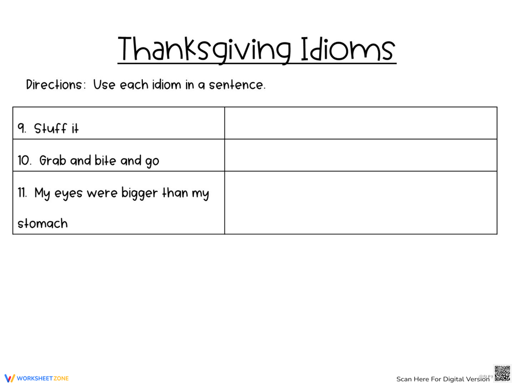 Thanksgiving Idiom Bingo  Reading projects, Idioms, Thanksgiving stories