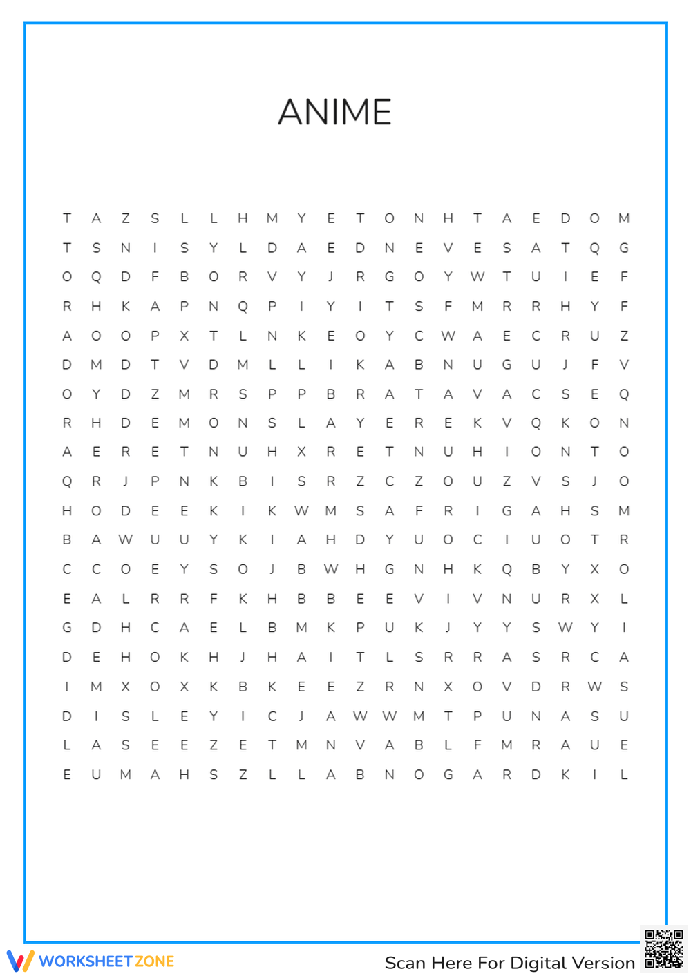 Anime Word Search Worksheet