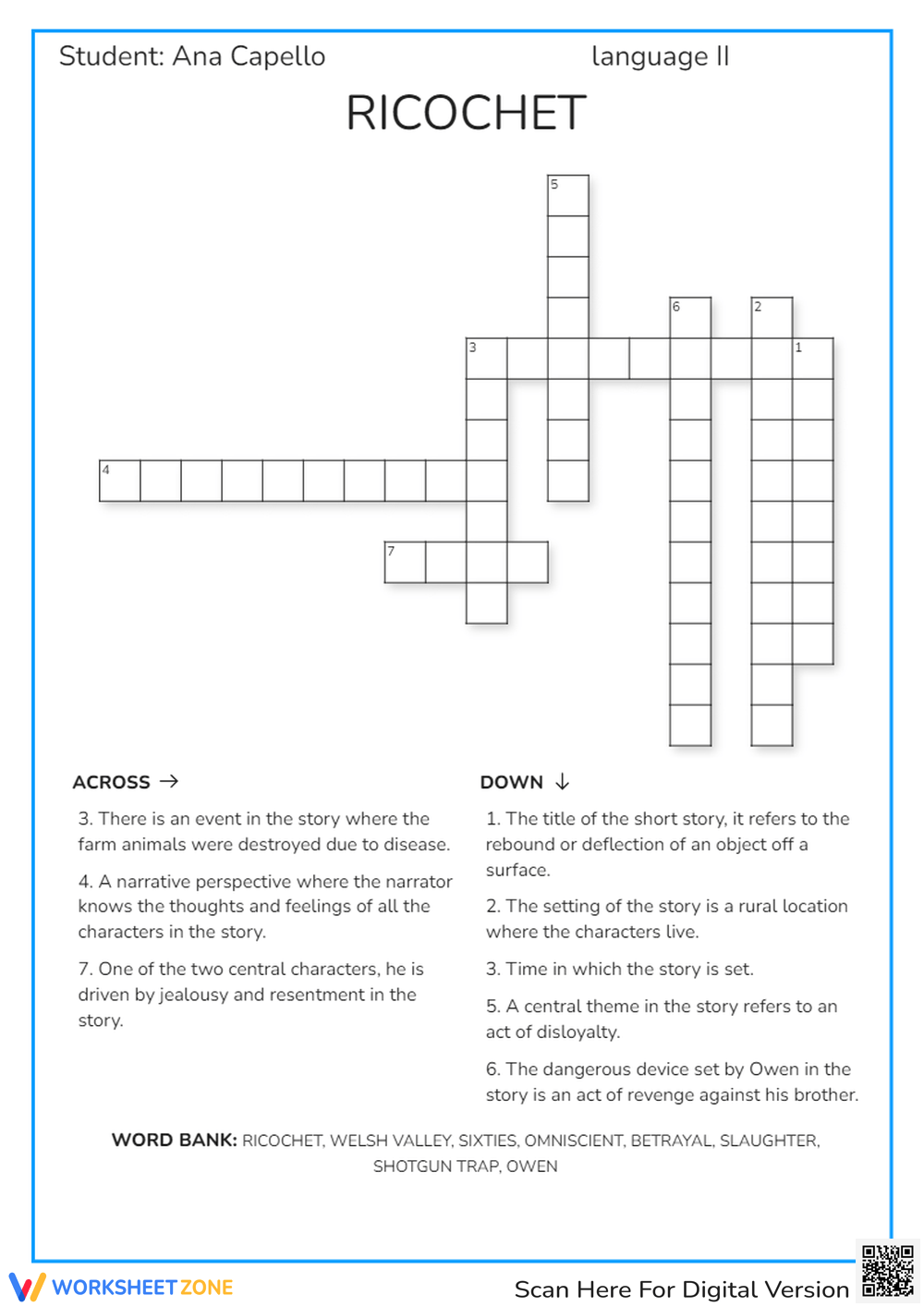 Ricochet Crossword Puzzle Worksheet