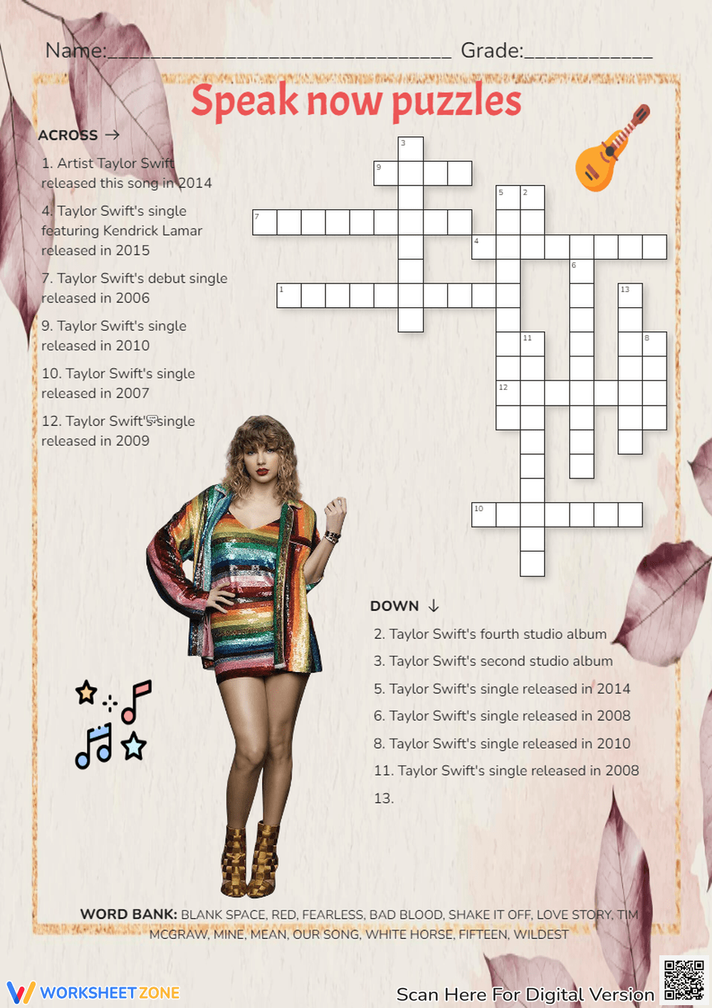 Taylor Swift Trivia Crossword Puzzle