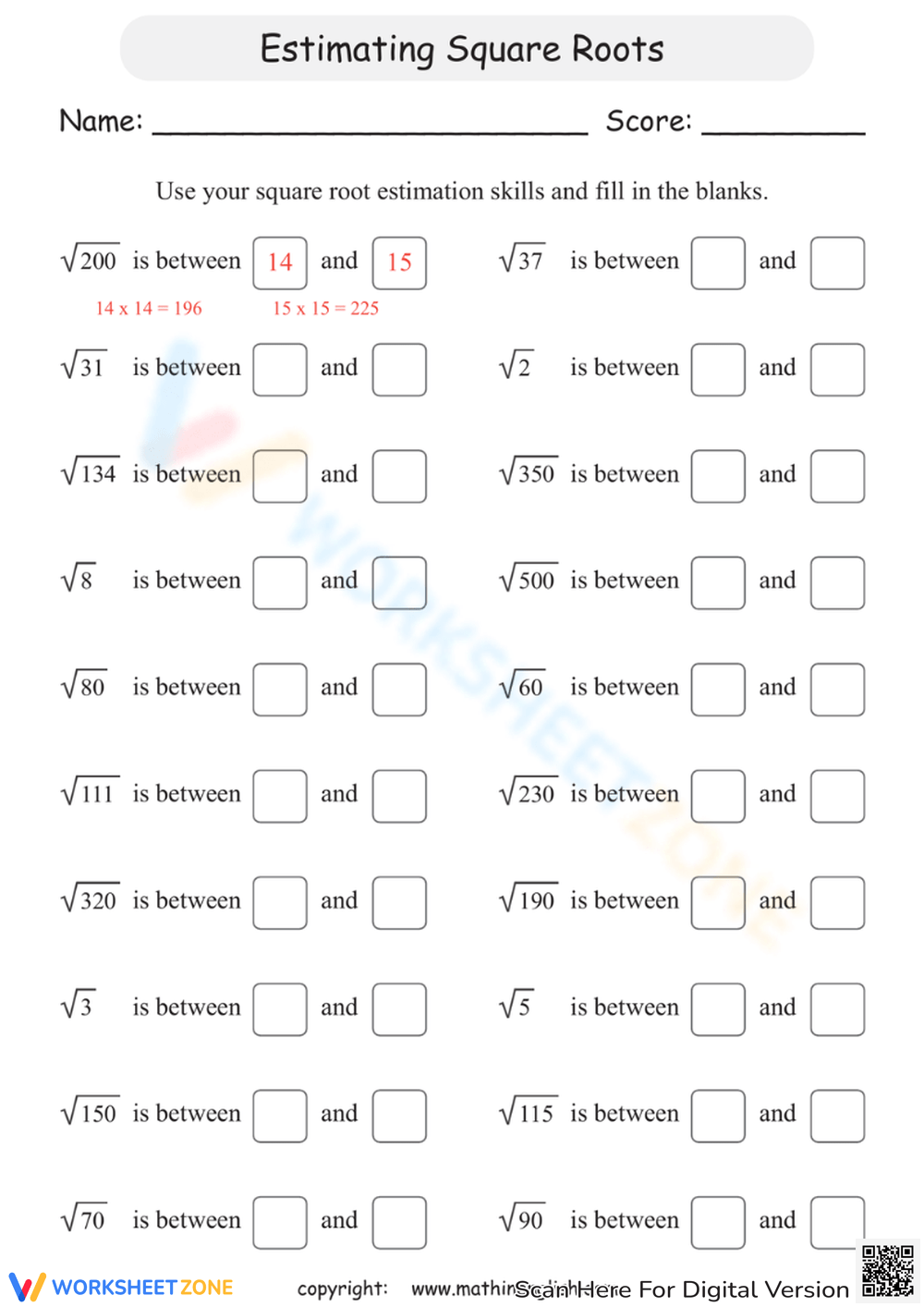 Estimating Square Roots Worksheet