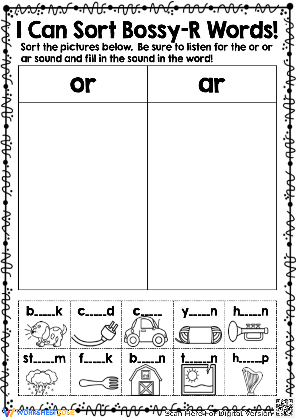 Sort Bossy R Words Worksheet