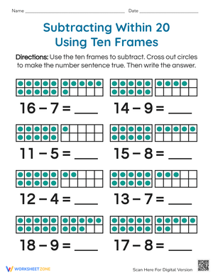 Subtraction with Ten Frames Worksheets