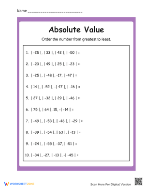 Absolute Value Math Practice Worksheets