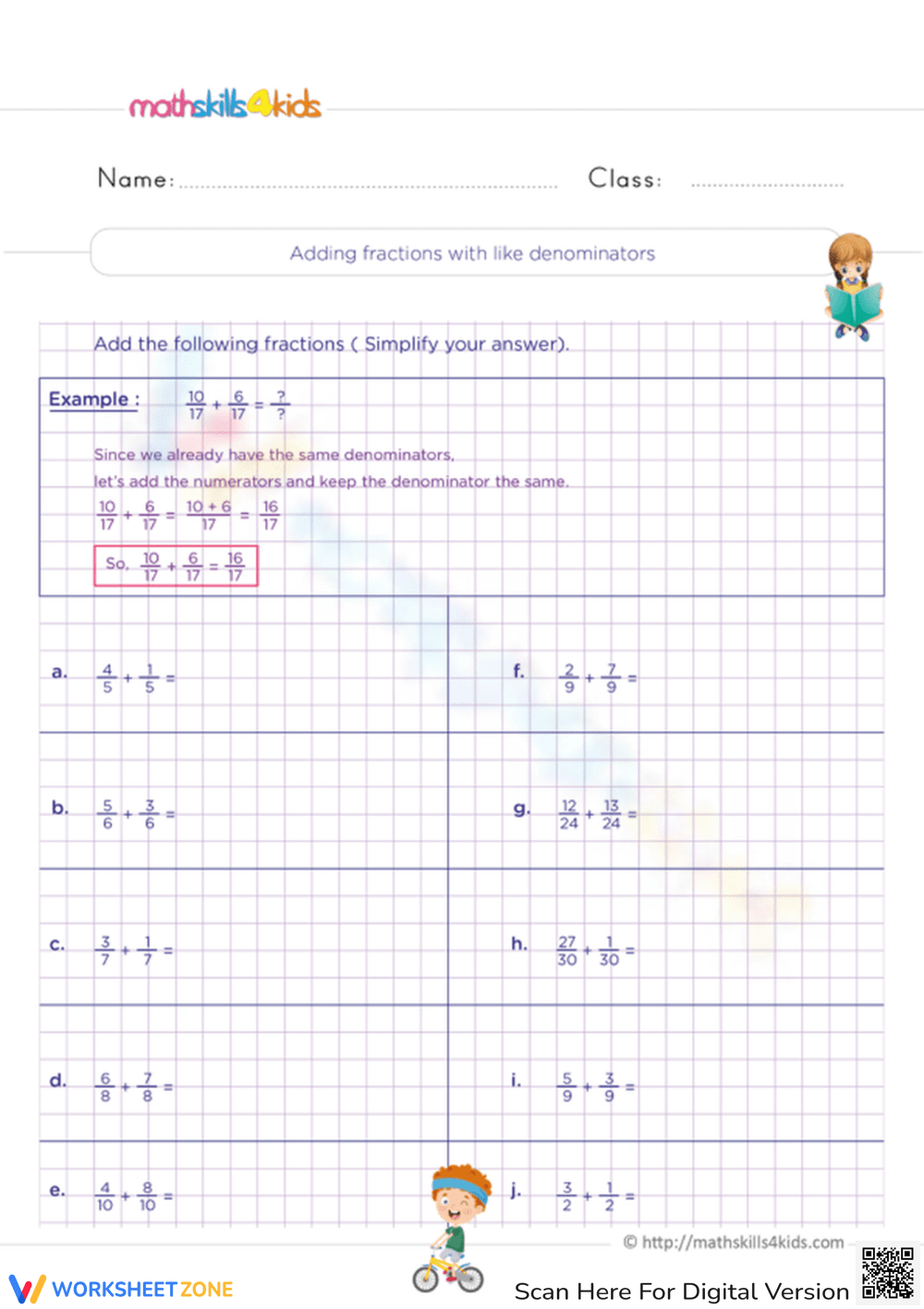 Adding Fractions With Like Denominators Worksheet