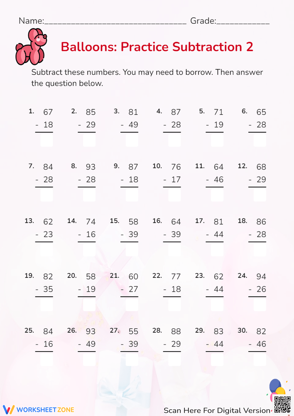 Printable 2nd Grade Two-Digit Subtraction Worksheets, image size:1000x1416